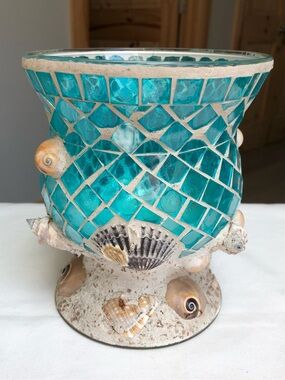 Vintage Nantucket Home Aqua Mosaic Glass Seashell Vase Candle Holder